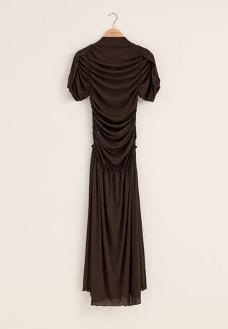 Draped Ruched Ankle Dress Brown