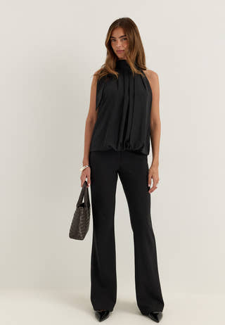 High Collar Tie Blouse Black