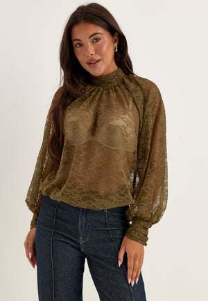 High Neck Lace Blouse Green