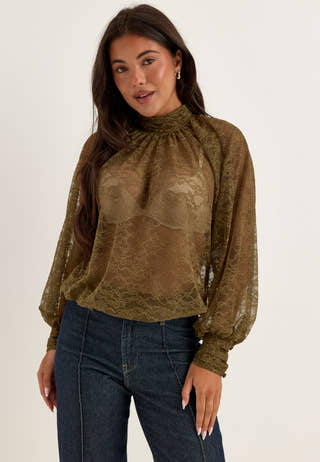 High Neck Lace Blouse Green