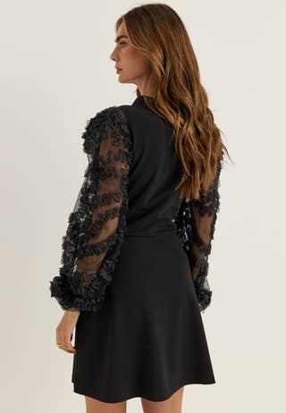 3D Floral Sleeve Dress Black