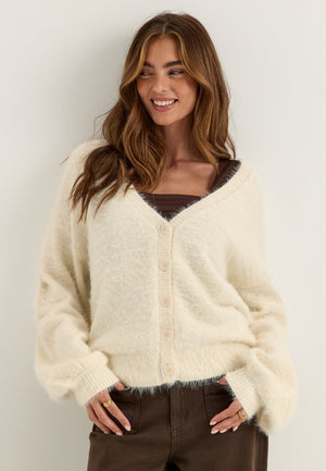 Fluffy Knitted V-neck Cardigan White