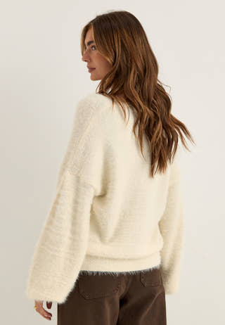 Fluffy Knitted V-neck Cardigan White