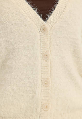 Fluffy Knitted V-neck Cardigan White