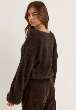 Fluffy Knitted V-neck Cardigan Brown