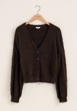 Fluffy Knitted V-neck Cardigan Brown