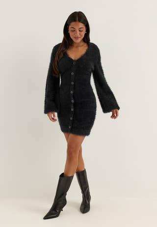 Fluffy Knitted V-neck Cardigan Dress Black