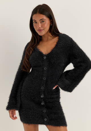 Fluffy Knitted V-neck Cardigan Dress Black