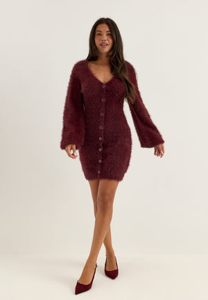 Fluffy Knitted V-neck Cardigan Dress Red