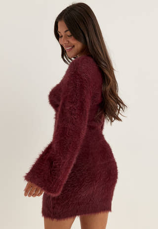 Fluffy Knitted V-neck Cardigan Dress Red
