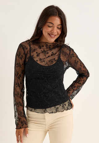 Long Sleeve Lace Top Black