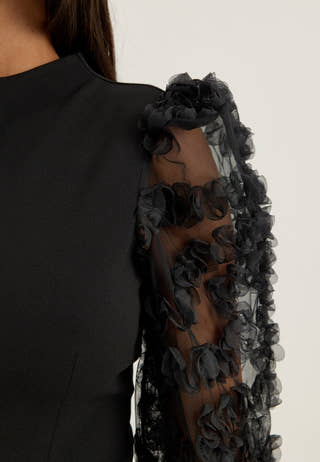 3D Floral Sleeve Top Black