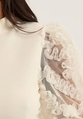 3D Floral Sleeve Top White