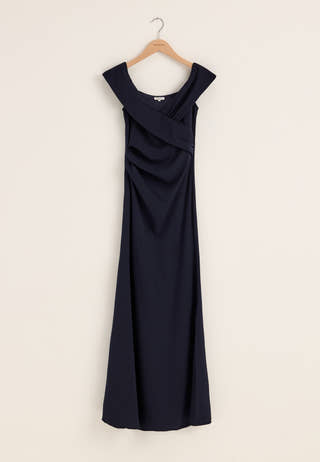 Off Shoulder Pleat Gown Blue