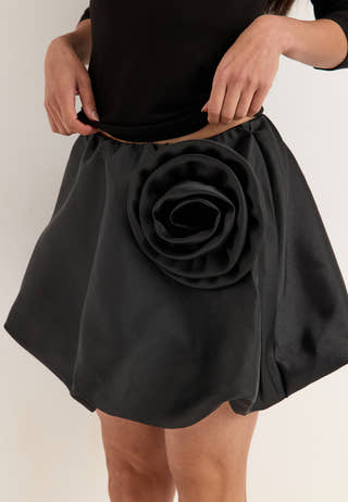 Rose Bubble-Hem Satin Mini Skirt/Top Black