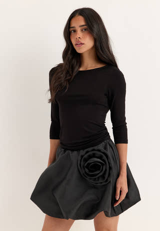 Rose Bubble-Hem Satin Mini Skirt/Top Black