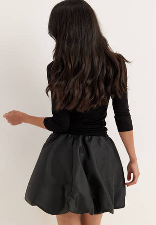 Rose Bubble-Hem Satin Mini Skirt/Top Black