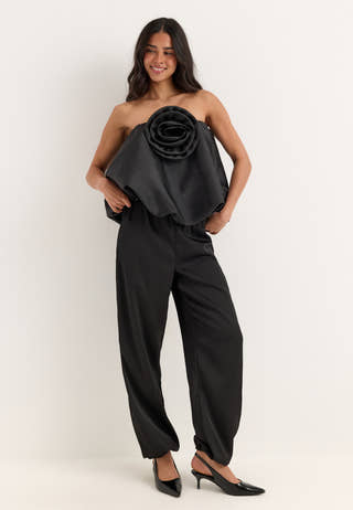 Rose Bubble-Hem Satin Mini Skirt/Top Black