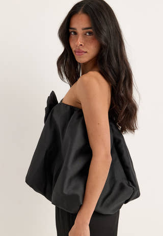Rose Bubble-Hem Satin Mini Skirt/Top Black