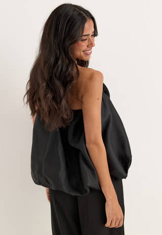Rose Bubble-Hem Satin Mini Skirt/Top Black