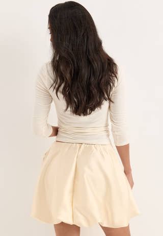Rose Bubble-Hem Satin Mini Skirt/Top White