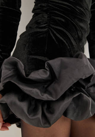 Velvet Ruffle-Hem Short Dress Black