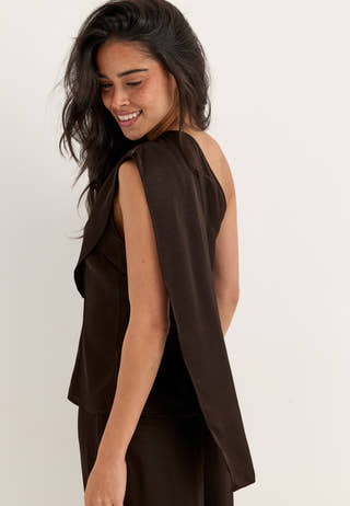 Satin One Shoulder Blouse Brown