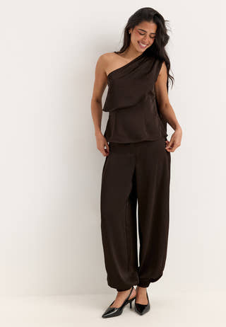 Satin One Shoulder Blouse Brown