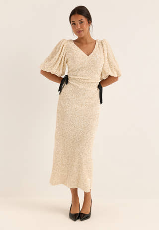 Puff Sleeve Sequin Ankle Dress White