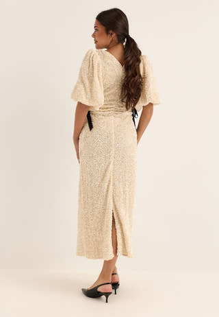 Puff Sleeve Sequin Ankle Dress White