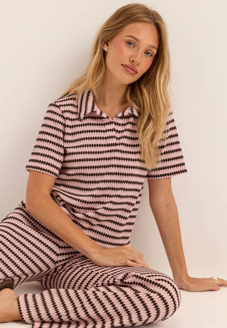 Pcjeya Ss V-neck Loose Polo Striped