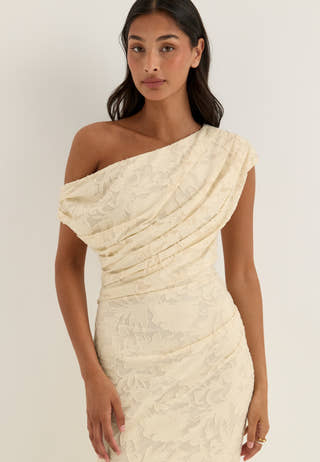 Asymmetric Draped Floral Burnout Maxi Dress