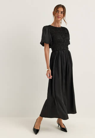 Smock Satin Maxi Dress Black