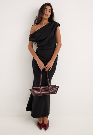 Asymmetric Draped Midi Dress Black