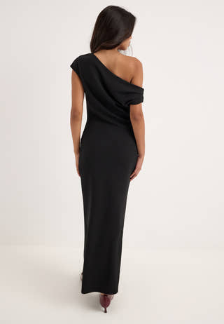 Asymmetric Draped Midi Dress Black