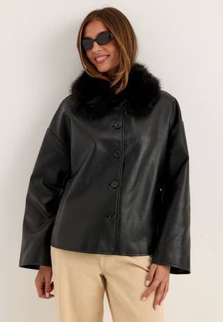 Fur Collar PU Jacket Black