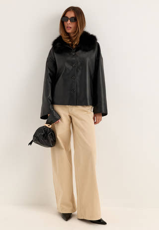 Fur Collar PU Jacket Black