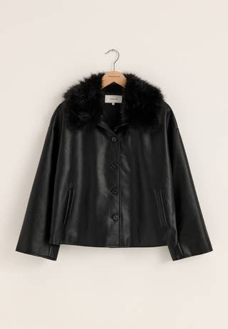 Fur Collar PU Jacket Black
