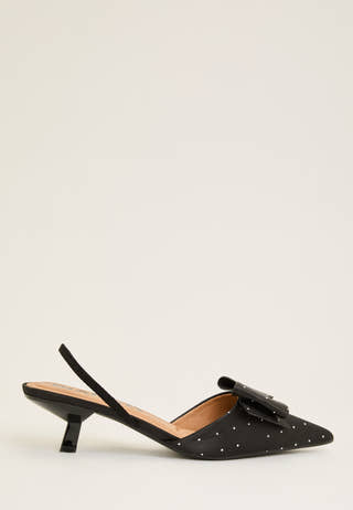 Biakristin Kitten Heel Bow Slingback Rhinestone Satin Black