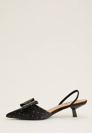 Biakristin Kitten Heel Bow Slingback Rhinestone Satin Black