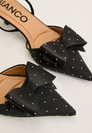 Biakristin Kitten Heel Bow Slingback Rhinestone Satin Black