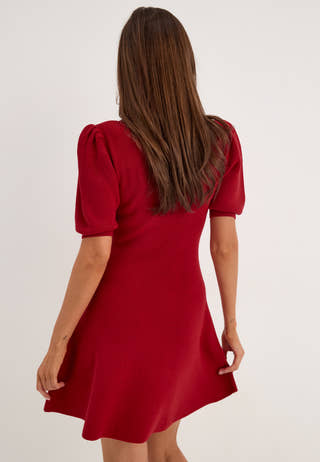 Puff Sleeve Knitted Dress Red