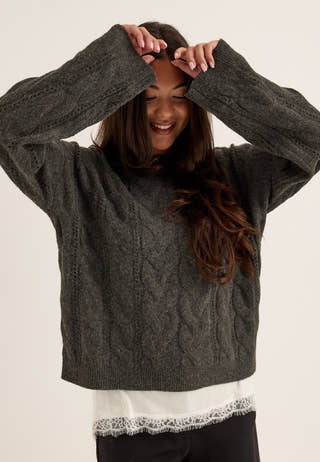 Pckathy Ls O-neck Cable Knit Grey