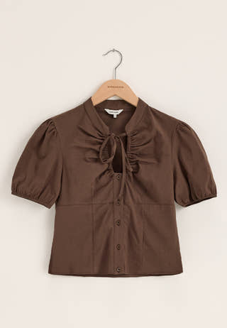 Ruched Keyhole Shirt Brown