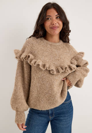 Pcatherine Ls O-neck Short Frill Knit Beige