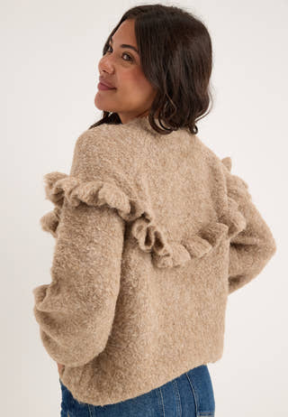 Pcatherine Ls O-neck Short Frill Knit Beige