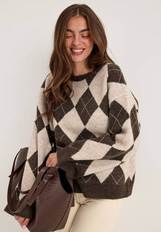 Pcalva Ls Loose O-neck Check Knit Brown