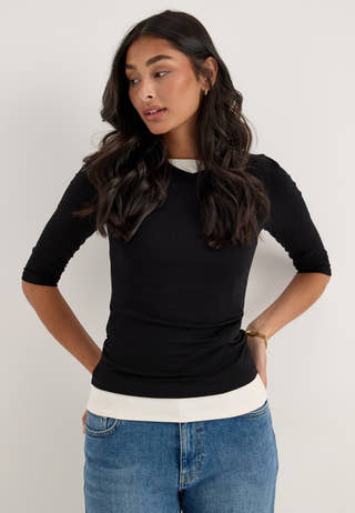¾ Sleeve V-Neck Top Black