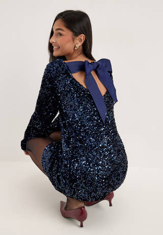 Pckammy Ls Deep Back Bow Dress Blue