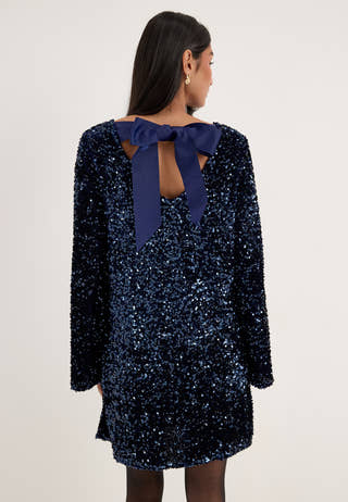 Pckammy Ls Deep Back Bow Dress Blue